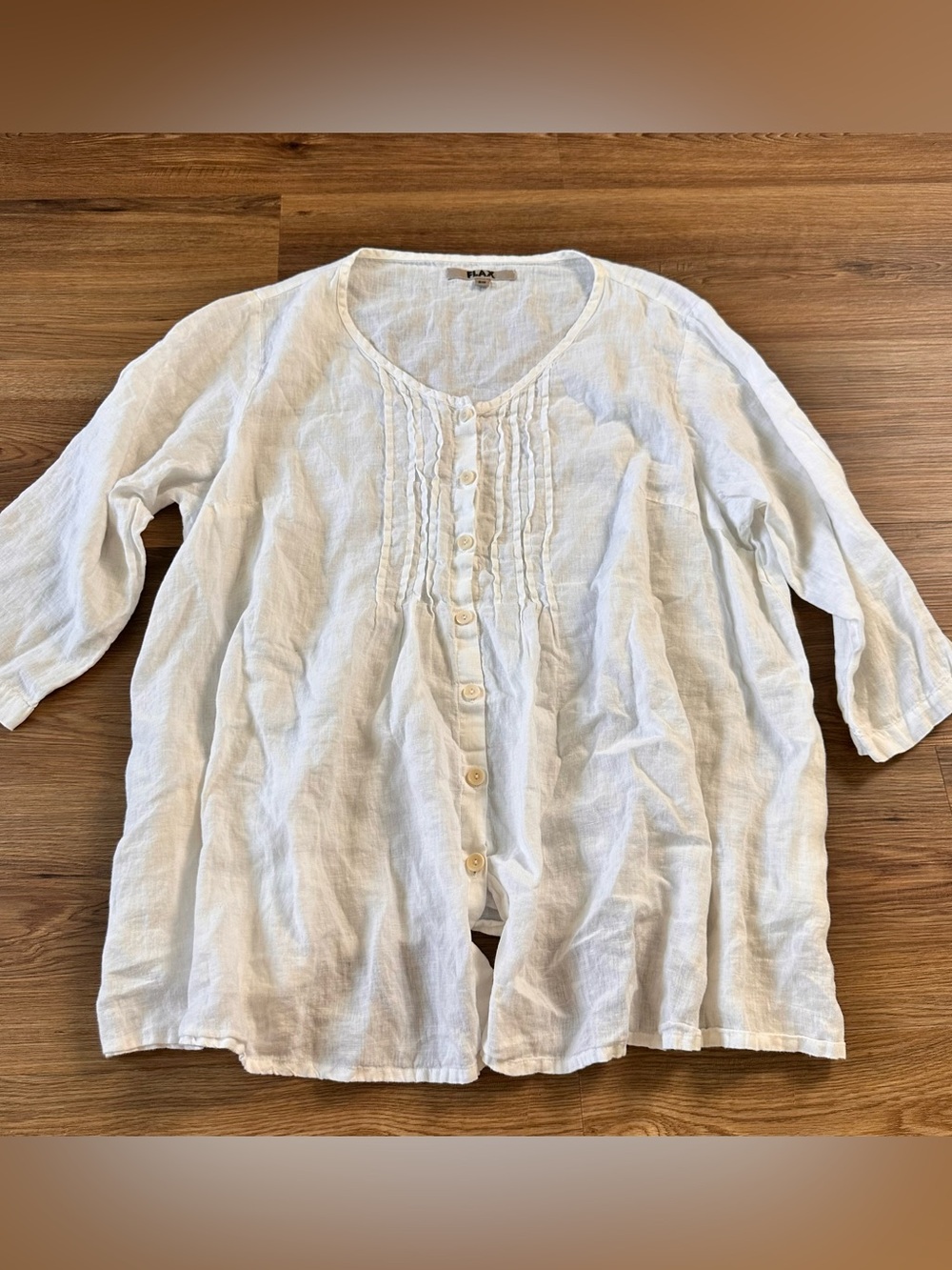 FLAX Linen Tunic Top 2G 2XL White Button Front Pintuck Oversize Coastal Nautical